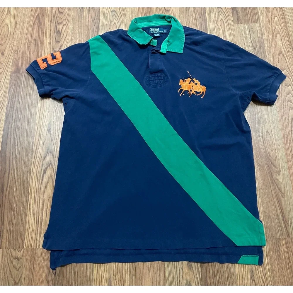 Polo Ralph Lauren Polo Shirt Mens Extra Large Diagonal Sash Multi Pony Navy
